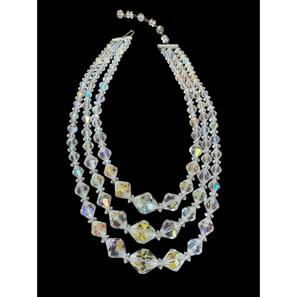 Vintage Necklace Triple Strand Aurora Borealis Graduated Faceted Up to 17"